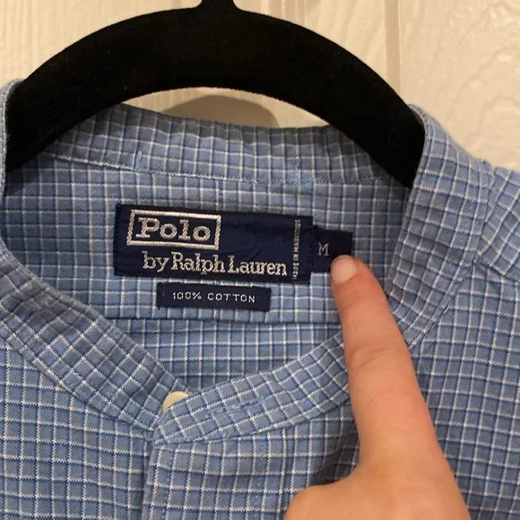 Polo by Ralph Lauren, collarless, long sleeve, button-down, blue & white - Picture 2 of 7
